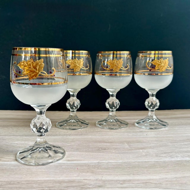 Vintage Bohemia Crystal Wine Glasses – Crystalex Boc47 Pattern – Frosted Bowl, Gold Leaf & Purple Dots – 5 1/2" Tall For Sale - Image 4 of 9