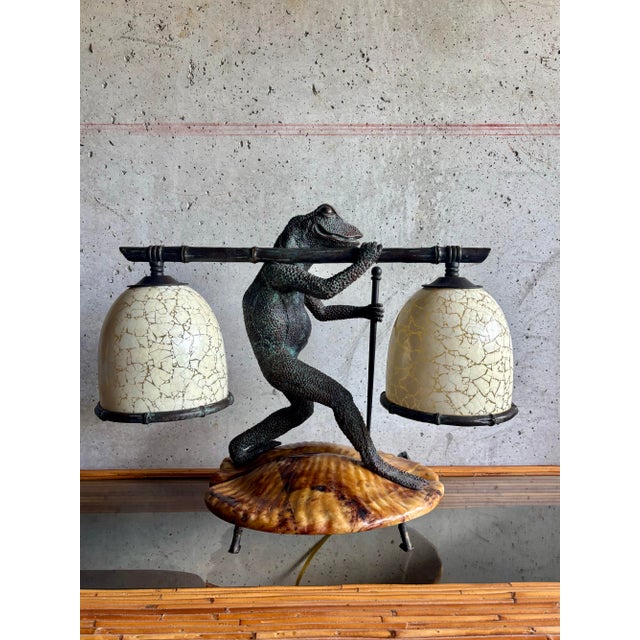 Vintage Maitland-Smith Bronze Frog Tessellated Penshell Table Lamp For Sale - Image 10 of 10