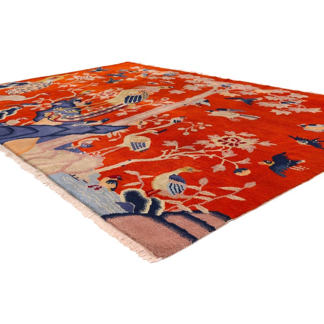 79455 Vintage Chinese Art Deco Rug, 07'11 x 05'02. The Imperial Phoenix Garden: A Vintage Chinese Pictorial Masterpiece of...