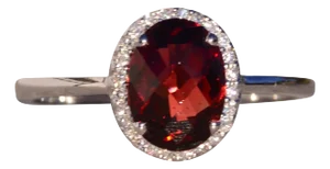 Seis Calle: Contemporary Garnet and Natural Diamond Halo Ring in White Gold