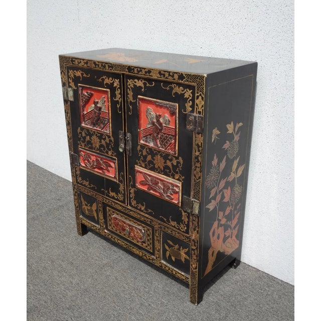 Asian Vintage Chinese Asian Black & Red Hand Painted Lacquer Cabinet Side Table For Sale - Image 3 of 12