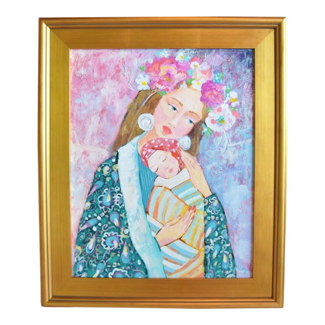 Lady W/ Colorful Floral Flower Headdress & Baby Portrait Painting W/ Antiqued Gold Wood Frame For Sale