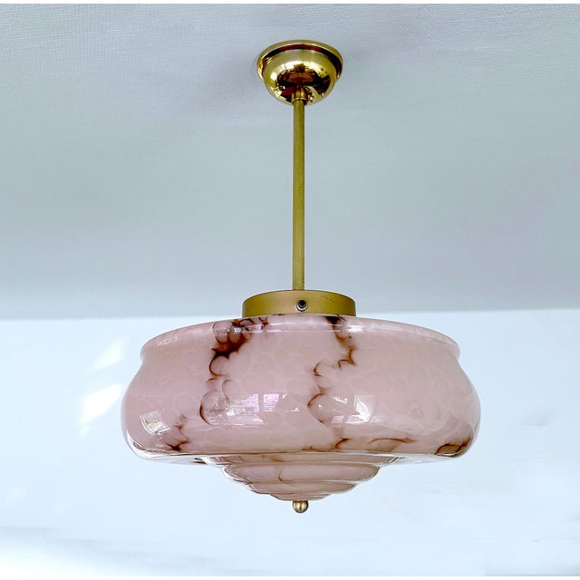 Modern Art Deco Pendant Light in Pink Marble Glass, 1930s For Sale - Image 3 of 18