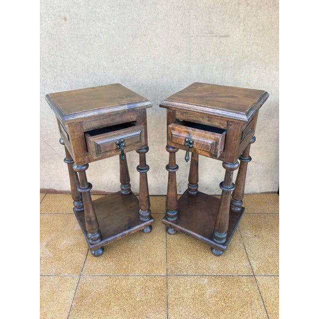 Brown Spanish Oak Nightstands with Drawers, 1920, Set of 2 For Sale - Image 8 of 10