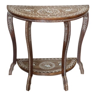 Vintage Indian Bone Hand Inlay Elephants Ornate Console Table Demi Lune For Sale
