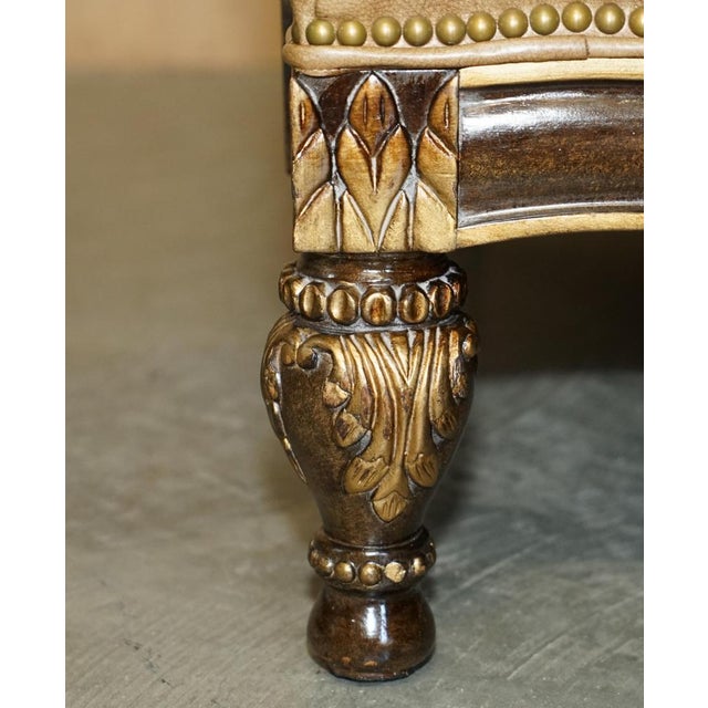 Set of Large Vintage Italian Brown Leather & Giltwood Throne Armchair & Footstool For Sale - Image 10 of 18