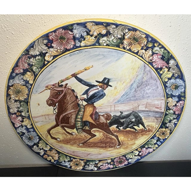 Traditional Vintage 1950’s Peruvian Fabrica Ceramica Artistica Pottery Matador/Bull Charger For Sale - Image 3 of 6