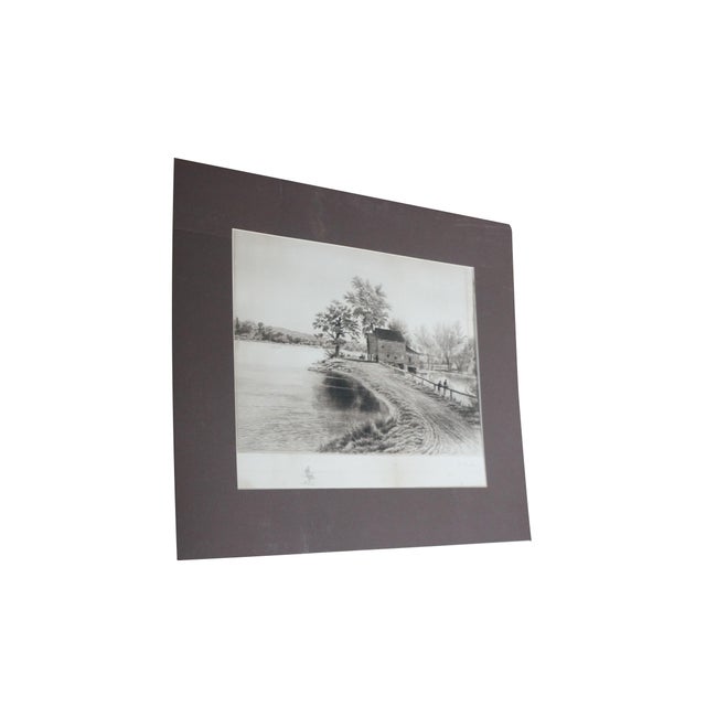 Realism Antique William De La Montagne Cary Fishing Near the Old Mill Landscape Etching For Sale - Image 3 of 11