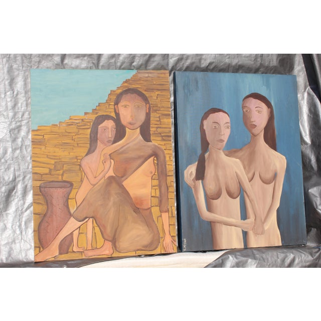 Copper 1960s Vintage Mid-Century Modern Two Women Oil Paintings - a Pair For Sale - Image 8 of 11