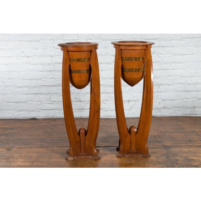 Mid 20th Century Javanese Art Deco Style Teak Wood & Brass Brace Plant Stands - A Pair For Sale In New York - Image 6 of 13