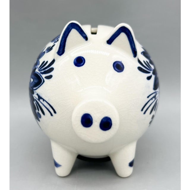 Traditional Vintage Blue and White Delft Style Floral Ceramic Piggy Bank – Dutch Colonial, Folk Art For Sale - Image 3 of 9