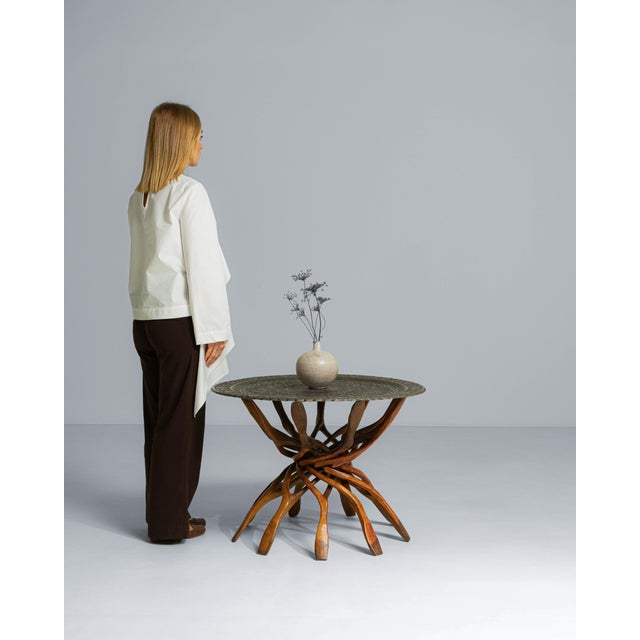 1960s African Hand-Carved Interlocking Wooden Table With Brass Top For Sale - Image 4 of 18