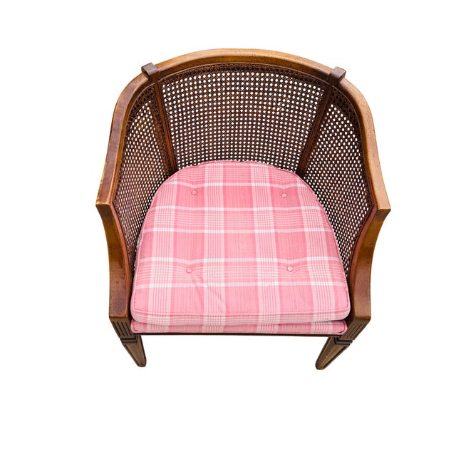 Vintage Mid-Century Modern Cane Barrel-Back Armchair | Hollywood Regency Neoclassical Revival | Tufted Pink Plaid Upholstery For Sale - Image 10 of 18