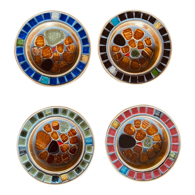 (4) Vintage Mid Century Modern Art Mosaic Tile Coaster Japan 3.75” For Sale