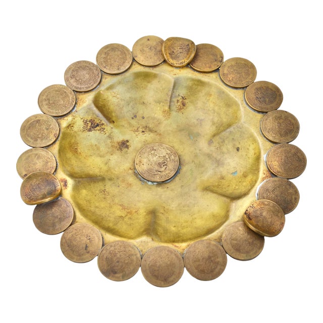 Mid 20th Century Handcrafted Coin-Embellished Americana Brass Ashtray For Sale