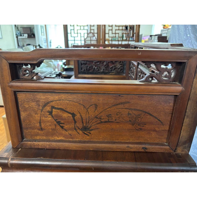 Antique Chinese Hand-Painted Orchid & Bamboo Hardwood Vanity Desk For Sale In New York - Image 6 of 12