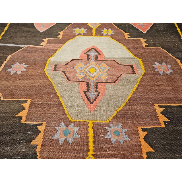 Vintage Turkish Kilim Rug, Handwoven Wool, Chocolate Brown, Pale Green, 7' x 11' For Sale - Image 13 of 15