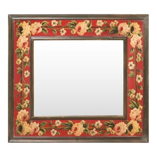 Contemporary Folk Art Hand-Painted Wood Wall Mirror With Red Floral Border For Sale