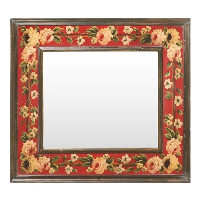 Contemporary Folk Art Hand-Painted Wood Wall Mirror With Red Floral Border For Sale