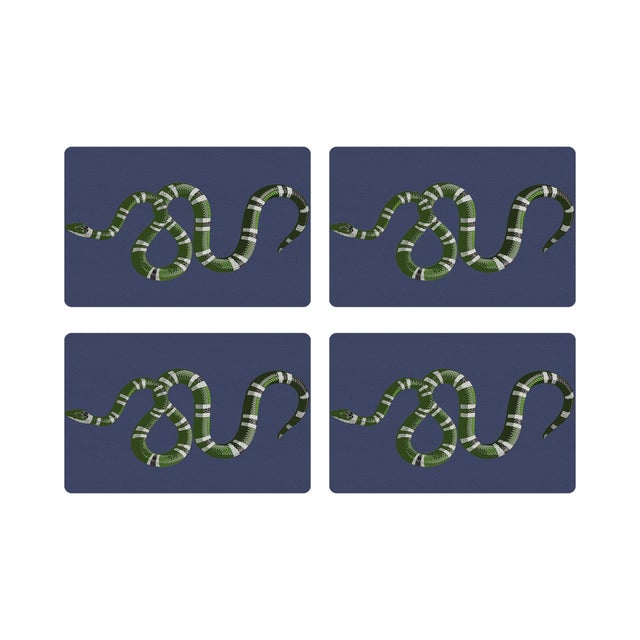 Serpent Blue Vegan Leather Rectangle Placemat, Set of 4 For Sale - Image 4 of 5