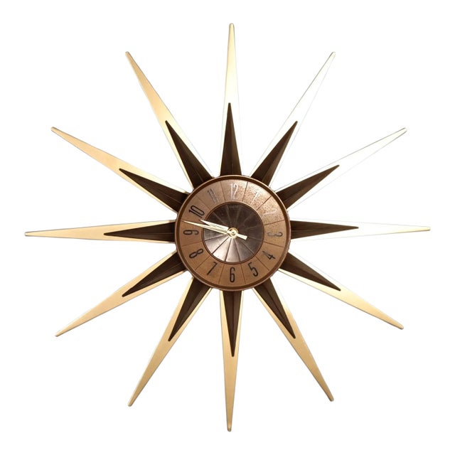 Vintage Mid Century Elgin Starbust Wall Clock 50's 60's Modern Retro Gold Black For Sale
