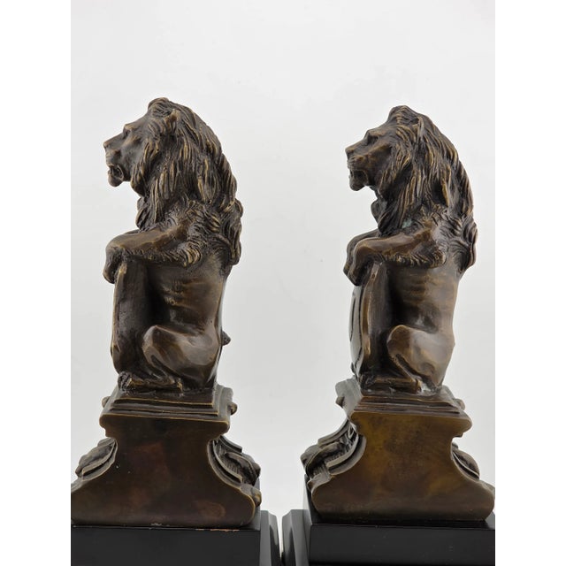 Bronze Rare Antique Pair of Victorian-Era Bronze Lion Rampart Bookends on Pedestal. For Sale - Image 8 of 16