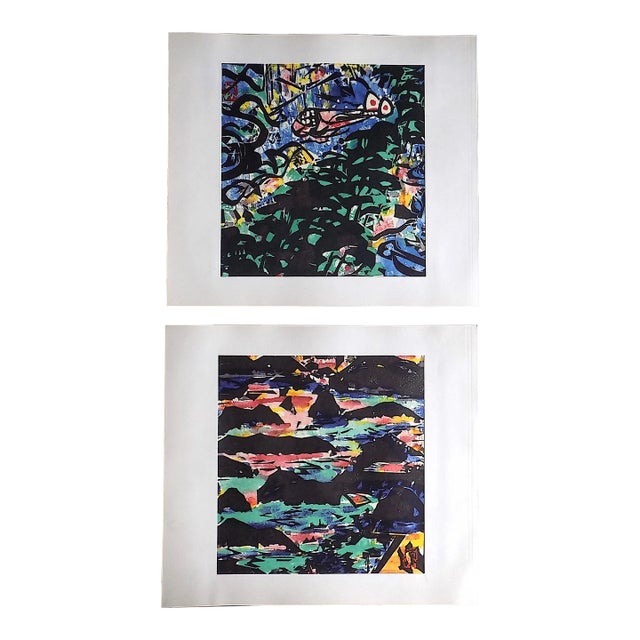 Vintage Folio Size Mid 20th C. Abstract Expressionist Japanese Lithographs of Japanese Woodblock Prints - a Pair For Sale