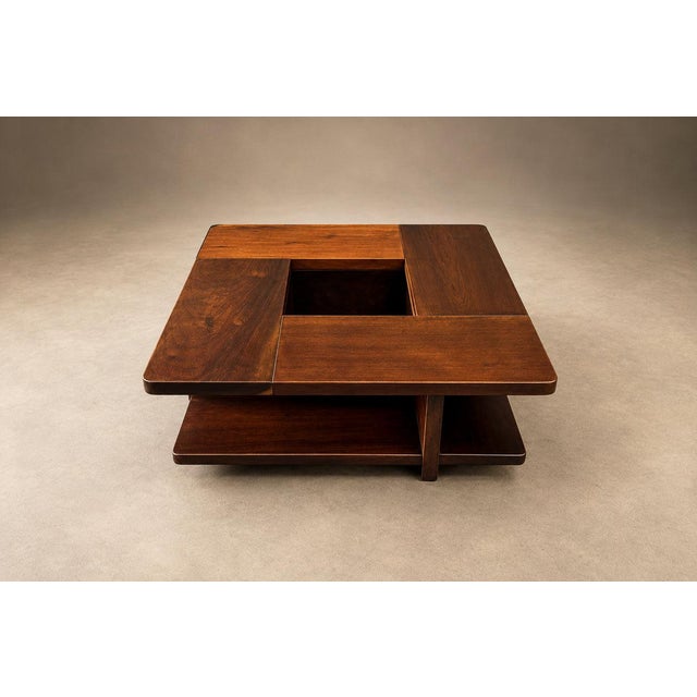 Brazilian Modern Imbuia Coffee Table with Central Flower Vase Opening and Open Display Shelves, Casa Finland, Brazil, 1960s - lot 1129 For Sale - Image 17 of 18