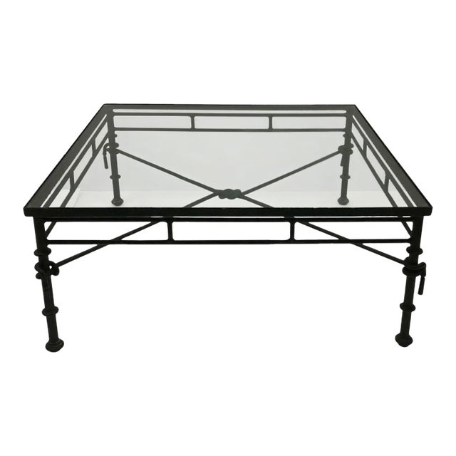 Giacometti Inspired Modern Rustic Sculpted Square Iron Coffee Table Glass Top For Sale