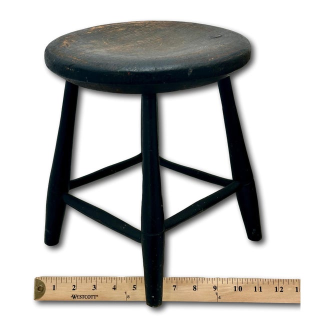 Very Nice Hand Made Antique American Primitive Pine Wood Footstool With Excellent Original Old Black Paint For Sale - Image 17 of 18