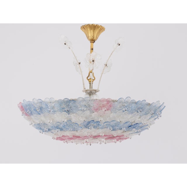 Pink 1950s Murano Glass Floral Barovier & Toso Blue Clear Pink Flower Basket Chandelier For Sale - Image 8 of 12