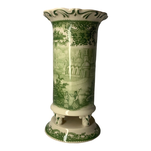 English Style Green Toile Transferware Footed Ceramic Vase 10” French Country For Sale