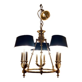 1980s Bouillotte Style Brass 3 Arm Chandelier With Green Tole Shades by Lightolier For Sale