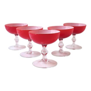 Italian Murano Red White Champagne Coupes Glasses by Carlo Moretti, Mid-20th C For Sale