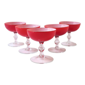 Italian Murano Red White Champagne Coupes Glasses by Carlo Moretti, Mid-20th C