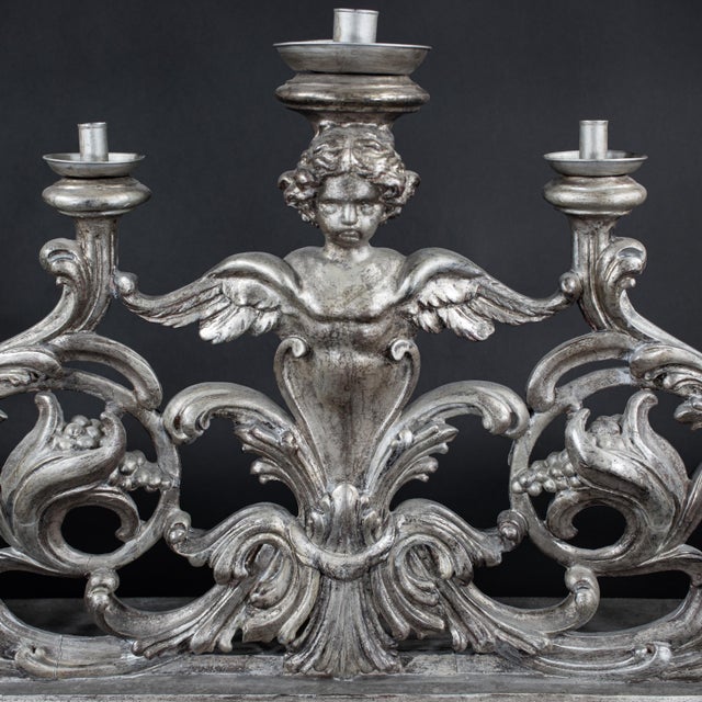 Large 19th Century Italian Rococo Style Silver‑Leaf Carved Wood Altar Candelabra For Sale - Image 10 of 18