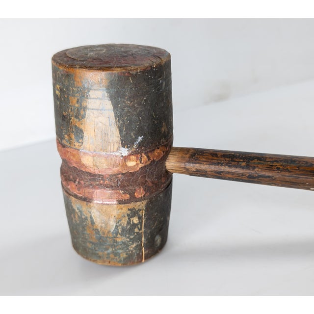 19th or 20th Century Rustic Primitive Folk Art Red and Blue Painted Wood Mallet For Sale - Image 10 of 10
