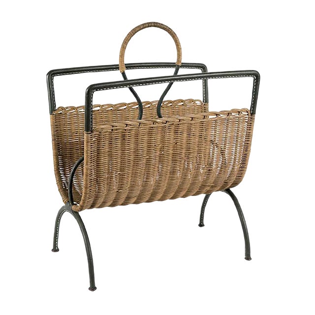 Stitched Leather Magazine Rack by Jacques Adnet, 1950s For Sale