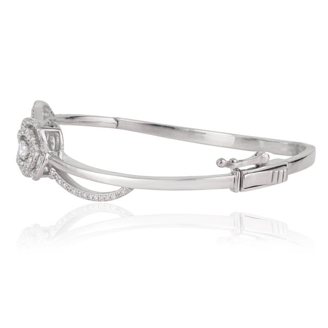 Metal Carat&Her Floral Halo Pavé Set Bangle Bracelet in 925 Silver - Wedding Gift For Sale - Image 7 of 12