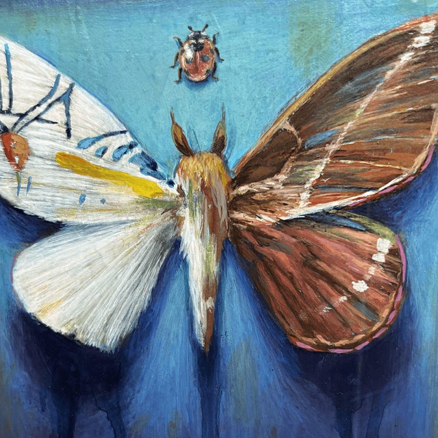 Hybrid Moth by Stacy D'Aguiar | Acrylic on wood depicting a moth with intricate patterns. For Sale - Image 4 of 5
