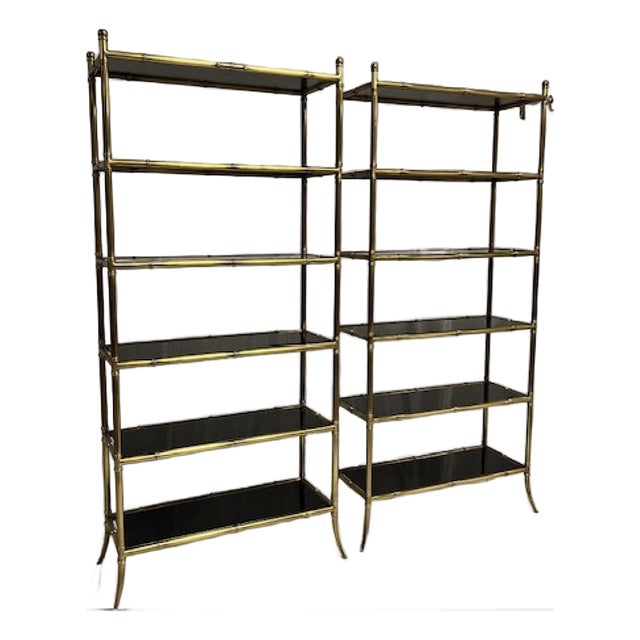 1970s Pair of Custom Heavy Gage Brass & Smoked Glass Faux Bamboo Etageres Shelves For Sale