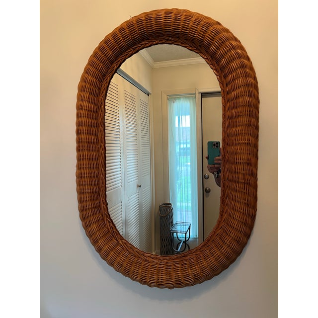 Mid-Century Modern 1970s Mid Century French Style Oval Rattan Mirror For Sale - Image 3 of 5