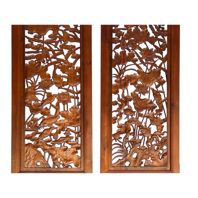 4 Pcs Chinese Brown Stain Lotus Pond Ducks Fishes Wood Panel Floor Screen For Sale - Image 9 of 9