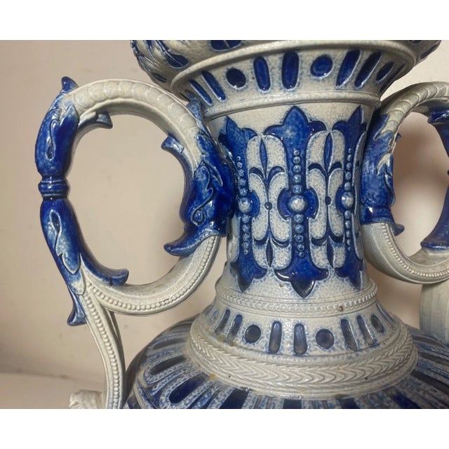 Large Antique Handmade Figural Blue Westerwald R. Hanke German Pottery Vase Jug For Sale - Image 9 of 11