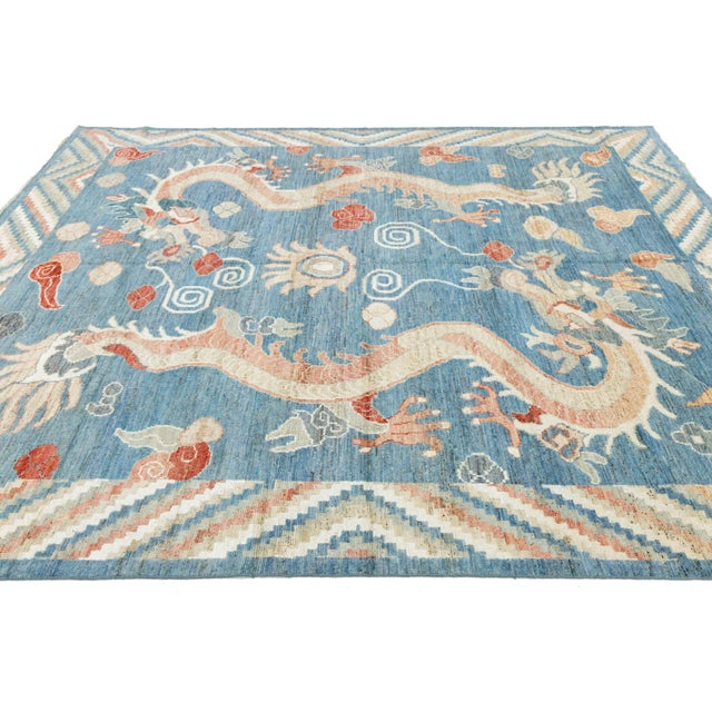 2010s Contemporary Oriental Mythological Dragon Rug - Sky Blue & Terracotta Wool 8x10 For Sale - Image 5 of 11