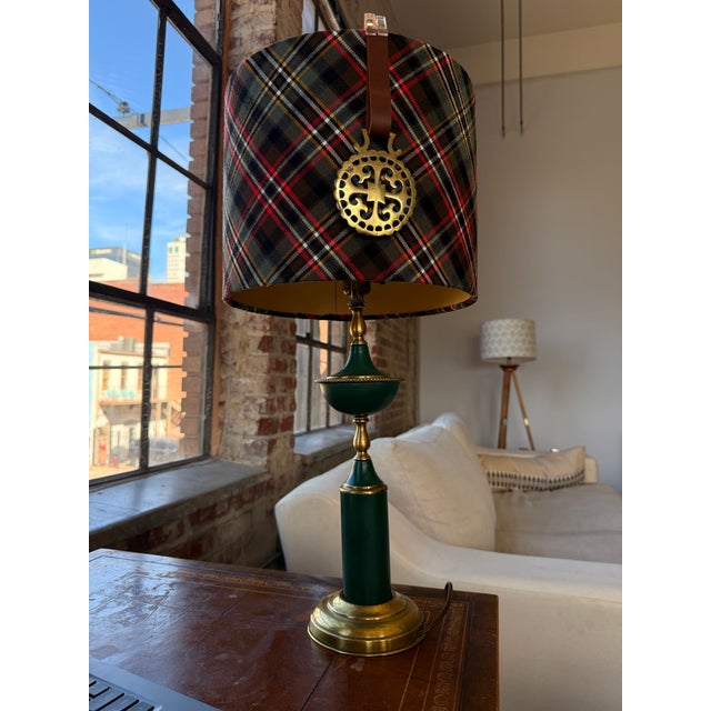 Vintage Emerald Green & Brass Table Lamp With Custom Tartan Shade and English Bridle Medallion For Sale In Birmingham - Image 6 of 6