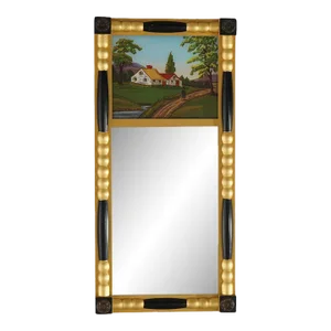 Empire Style Ebonized & Gilt Mirror, Hand Painted Eglomise Scenic Panel, Early 20th Century