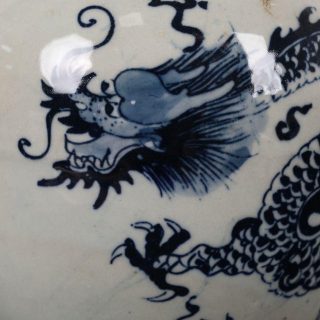 Blue Chinoiserie Blue and White Dragon Motif Porcelain Lidded Ginger Jar For Sale - Image 8 of 8