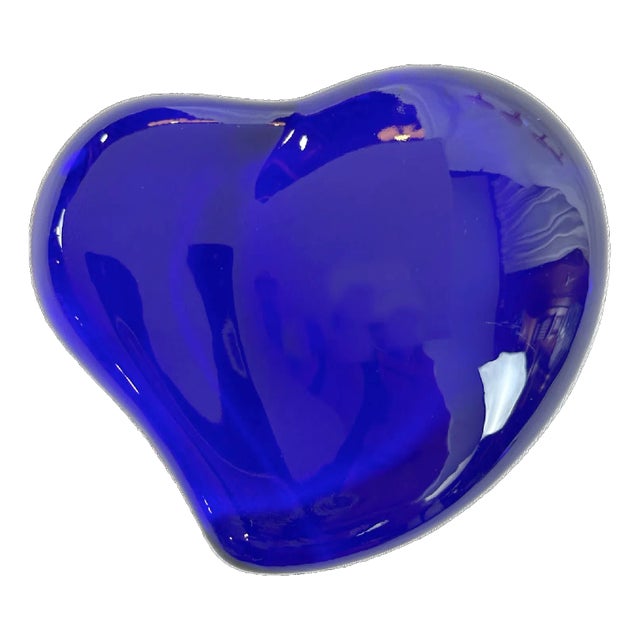 Vintage Tiffany & Co. Blue Glass Puffed Heart Paperweight For Sale