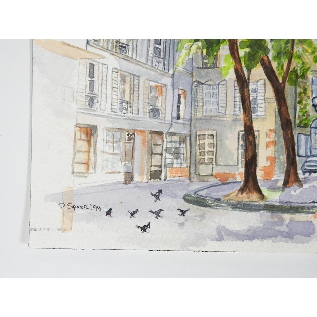 Small 1999 watercolor on paper cityscape with birds, shoppers and small park painting. Signed P. Speer and dated lower...
